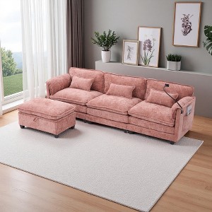 112" Chenille L-Shaped Sectional Sofa with Storage Ottoman & USB Ports - 1 of 4