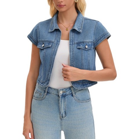 INSPIRE CHIC Women's Denim Turndown Collar Cap Sleeves Open Front Cropped Jean Jacket Medium Blue