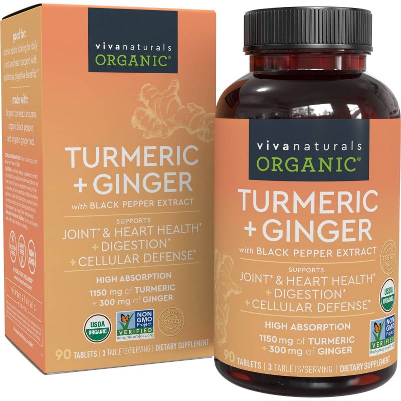 Viva Naturals Organic Turmeric Curcumin + Ginger with Organic Black Pepper Extract Tablets - 90ct, 5 of 9