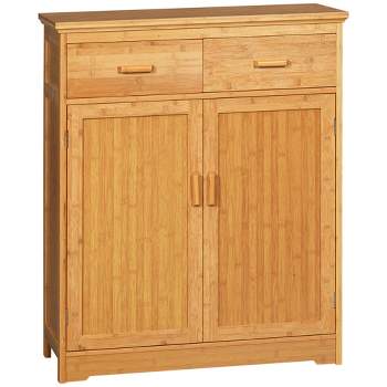 HOMCOM Bathroom Storage Cabinet, Bamboo Floor Cabinet Organizer with Doors and Adjustable Shelves, Natural