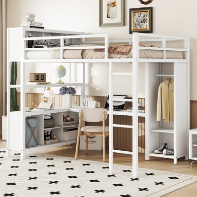 TIRAMISUBEST Metal Loft Bed with Wardrobe and L-shaped Desk, Full Size Loft Bed with Storage Cubes and Shelves, Heavy Duty Loft Bed for Kids Teens