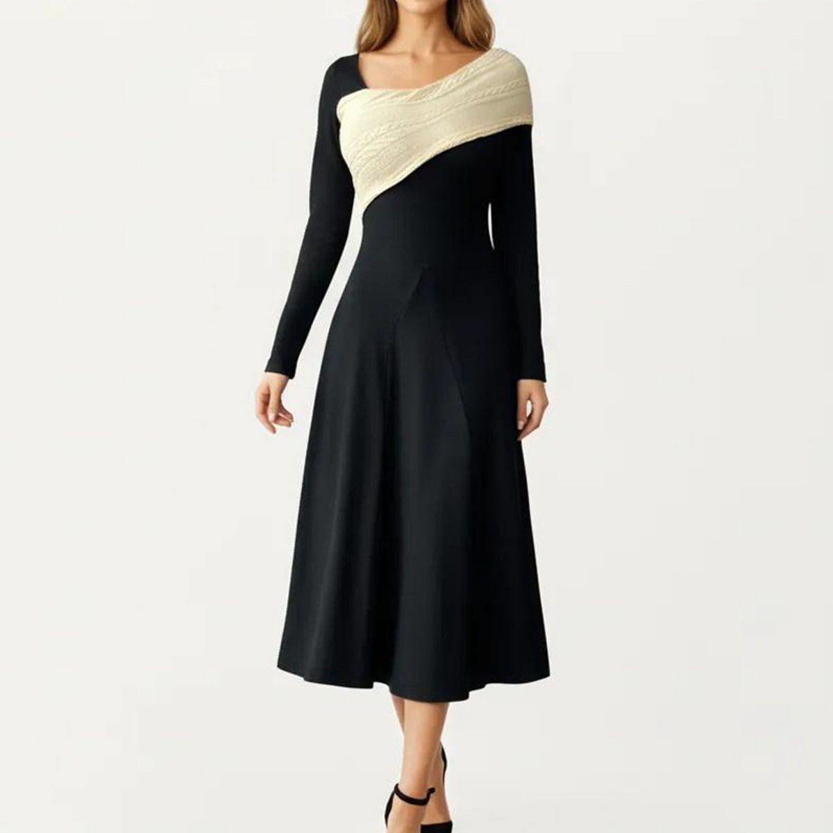 Anna-Kaci Women's Black Midi Dress with Off-Shoulder Knit Detail and Long Sleeves