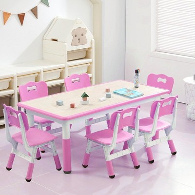 Garvee Kids Table and Chairs Set--Graffiti Desktop Plastic Children Art Table with 6 Seat