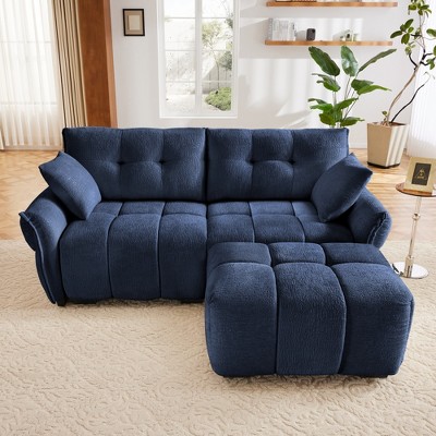 DOMETOUR Modern Blue Chenille 2-Seater Sofa with Ottoman, Minimalist Textured Fabric for Living Room, Apartment, or Dorm