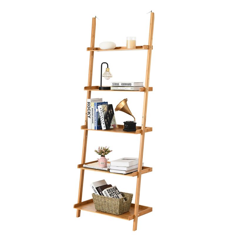 Costway 5-Tier Ladder Shelf Bamboo Bookshelf Wall-Leaning Storage Display Plant Stand, 1 of 11