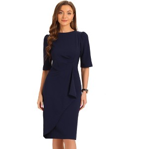 Allegra K Women's Short Sleeve Knee Length Ruched Business Work Sheath Dress - 1 of 4