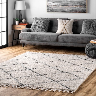 Off-White Braided Shag Square Area Rug with Tassels, 6'x6'