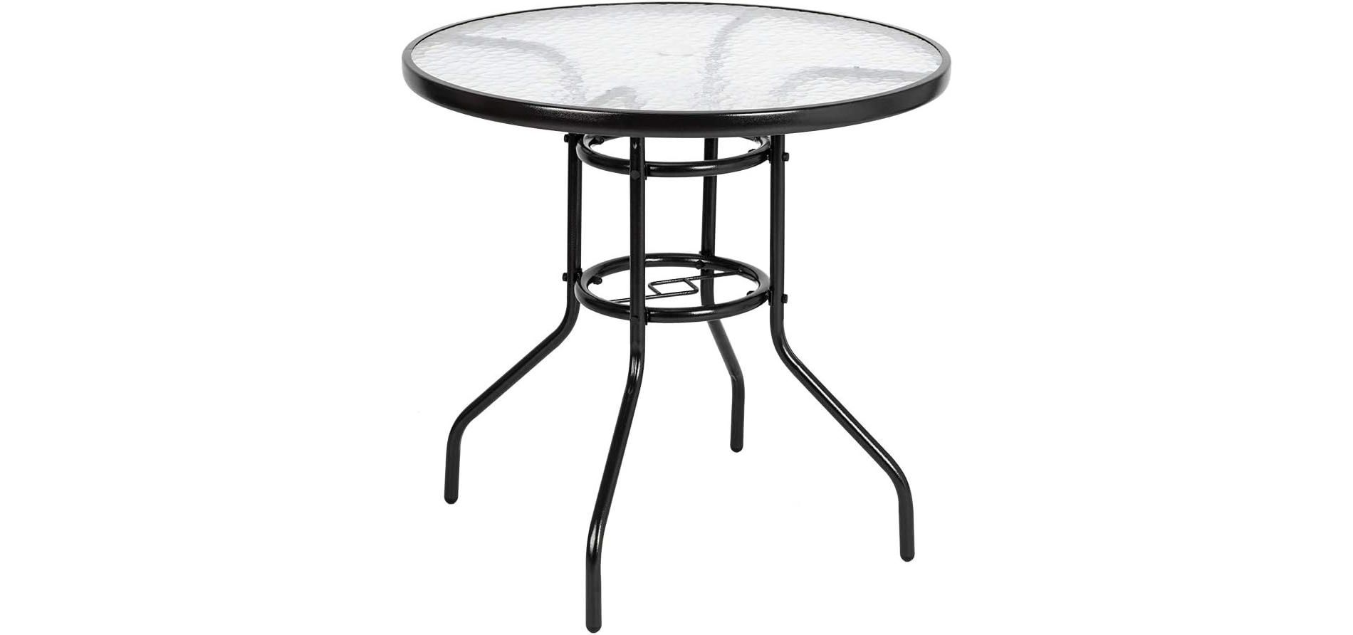 VINGLI Patio Table with Umbrella Hole, 32" Outdoor Dining Table Steel Tempered Glass Patio Table, Outdoor Table for Balcony Garden Deck (Round)