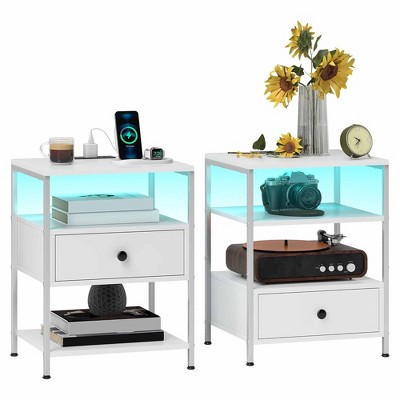 QingMoon Nightstands with LED Lights, 3-Tier Bedside Table with Charging Stations, Modern End Table Set of 2 with Drawer and Shelves for Living Room