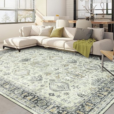 Washable Area Rug,Vintage Low-Pile Non-Slip Soft Carpet for Living Room, Bedroom, Dining Room & Office
