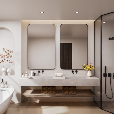 Tempered Glass Rounded Rectangle Framed Wall-Mounted Bathroom Vanity Mirror