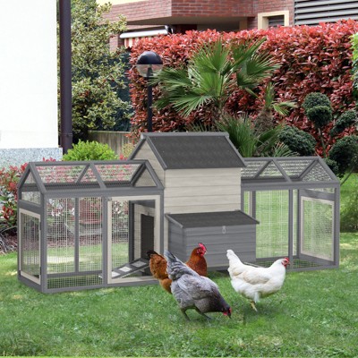 Gray and White Wooden Chicken Coop with Double Run and Nesting Box