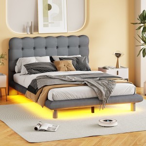 CAVINAS Full Bed Frame with Headboard, Full-Size Bed with LED Frame, Velvet Platform, Thick & Soft Fabric and Button-tufted Design Headboard, Gray - 1 of 4