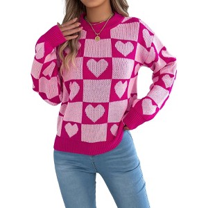Coolmee Women's Checkered Holiday Sweater Cute Plaid Print Crewneck Sweatshirt Knit Puff Sleeve Chunky Jumpers - 1 of 4
