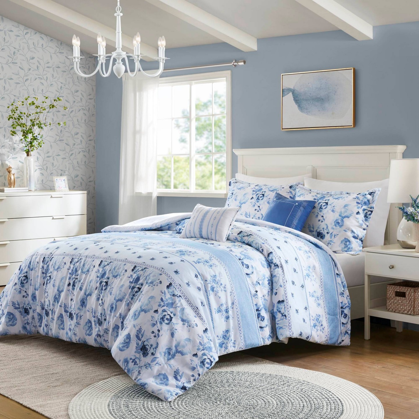 Комплект с одеялом Intelligent Design Twin/Twin XL Lena Floral Striped Comforter Set Blue: Hypoallergenic Dorm Bedding, Oeko-Tex Certified, цвет: С принтом — фото 1