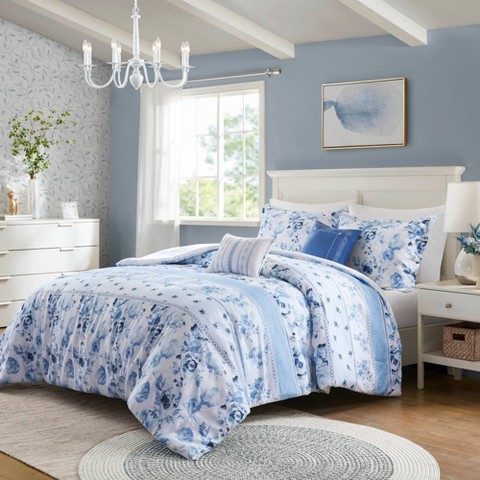 Intelligent Design Twin/Twin XL Lena Floral Striped Comforter Set Blue: Hypoallergenic Dorm Bedding, OEKO-TEX Certified