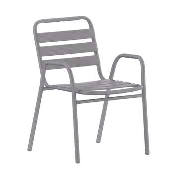 Emma and Oliver Metal Dining Chair with Triple Slatted Back and Armrests for Indoor and Outdoor Use