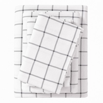 100% Cotton Printed Flannel Sheet Set - Great Bay Home (Queen, Windowpane - White / Grey)