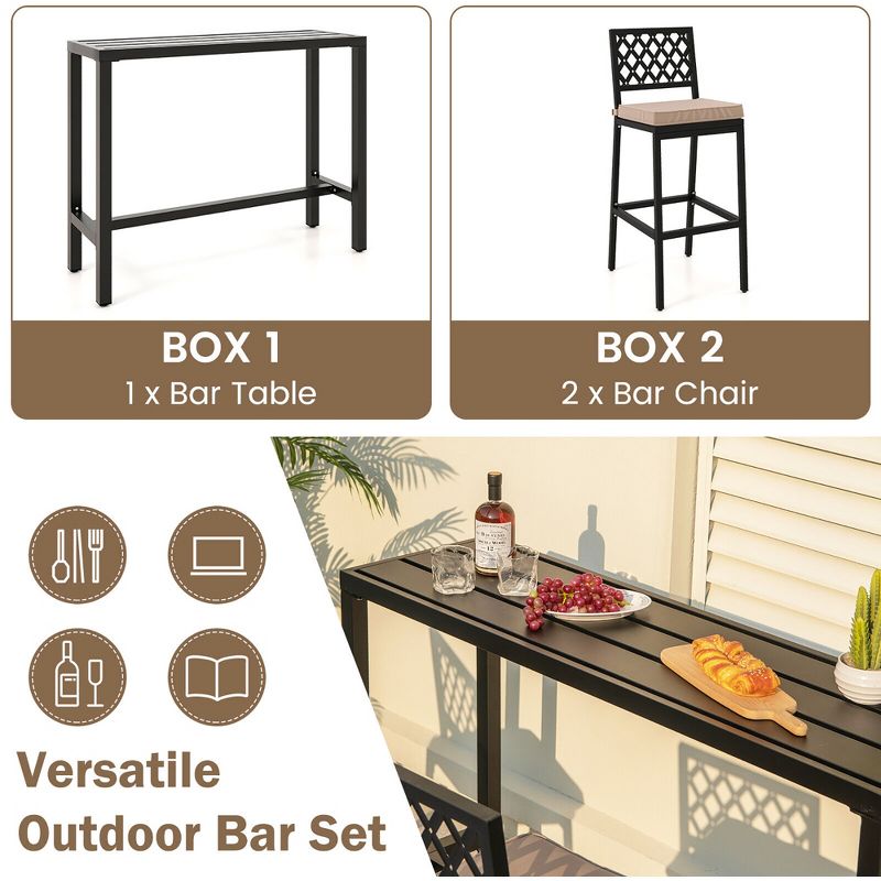 Tangkula 3PCS Outdoor Chairs & Metal Bar Table Set Patio Dining Table Set w/ Cushion, 4 of 8