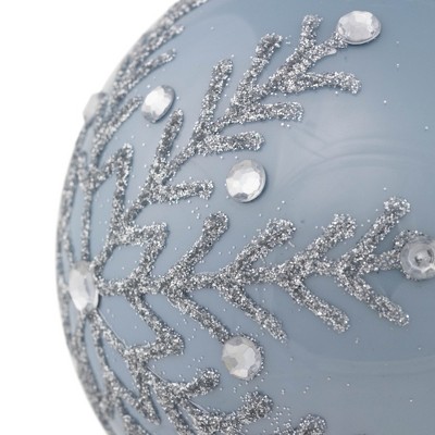 Set of 2 Blue Glass Ornaments with Silver Glitter Snowflakes