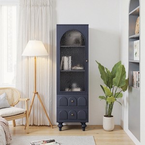 ModernLuxe 62.99" Tall Storage Cabinet with Tempered Glass Door, Display Cabinet with 2 Drawers & Adjustable Shelf, White/Dark Blue - 1 of 4