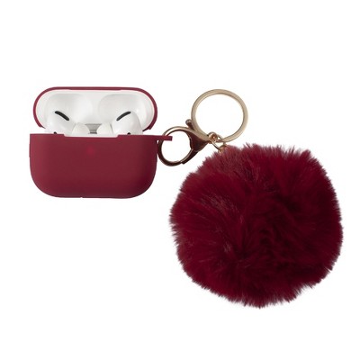 Insten Case Compatible with AirPods Pro - Cute Pom Pom Protective Silicone Skin Cover with Keychain & Anti-Lost Strap, Wine Red