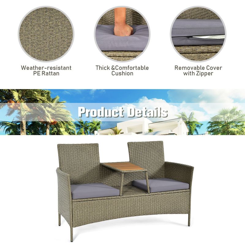 Costway 2-Person Patio Rattan Conversation Furniture Set Loveseat Coffee Table, 4 of 11
