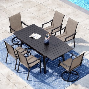 Captiva Designs 7pc Outdoor Dining Steel Table with Umbrella Hole & Brown Textilene Arm Chairs - 1 of 4