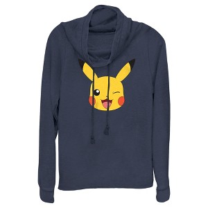 Juniors Womens Pokemon Pikachu Wink Face Cowl Neck Sweatshirt - 1 of 4