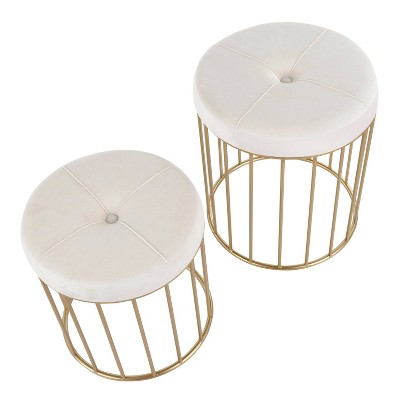 White Tufted Velvet and Gold Metal Nesting Ottomans