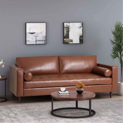 Mid-Century Modern 3-Seat Sofa, Tufted Design Sofa with Bolster Pillowsfor Living Room, PU Leather Couch with Wood Legs-Coolbibila