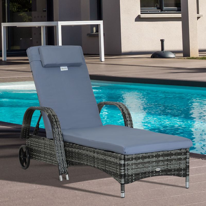 Outsunny Patio Wicker Chaise Lounge, PE Rattan Outdoor Lounge Chair with Cushion, Height Adjustable Backrest & Wheels, 4 of 10