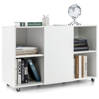 Tangkula 3-Tier Wood Bookcase 6 Cube Bookshelf w/ Door Wheels Display Cabinet