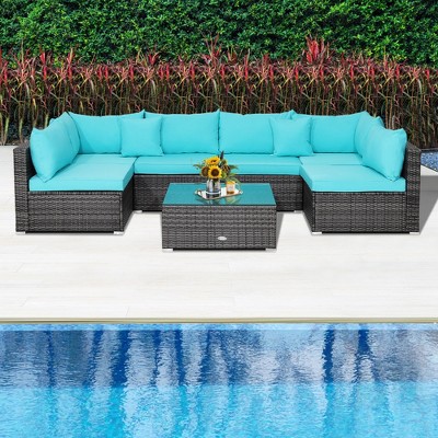 Turquoise Cushioned 6-Person Outdoor Rattan Sectional Sofa Set