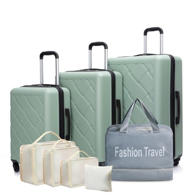 YONWAY 8 Piece Hardshell ABS Luggage Set, Checked Spinner Luggage Set (20in/24in/28in+Portable Handbag + 4 Pieces Storage Bag Set)