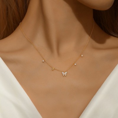 Clotth Sterling Silver Butterfly Cubic Zirconia Layered Necklace for Women - Chic Collar Chain Jewelry - Gold