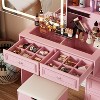 PAKASEPT Vanity Desk with Sliding Mirror and Lights, European Style with Glass Top, 5 Drawers, 2 Hidden Shelves, Charging Station & Stool Set, Pink - 4 of 4