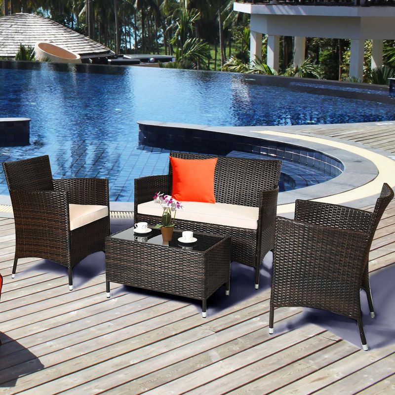 Costway 4PCS Patio Wicker Furniture Set Sofa Chair with Brown & Grey Cushion Covers Garden, 2 of 11