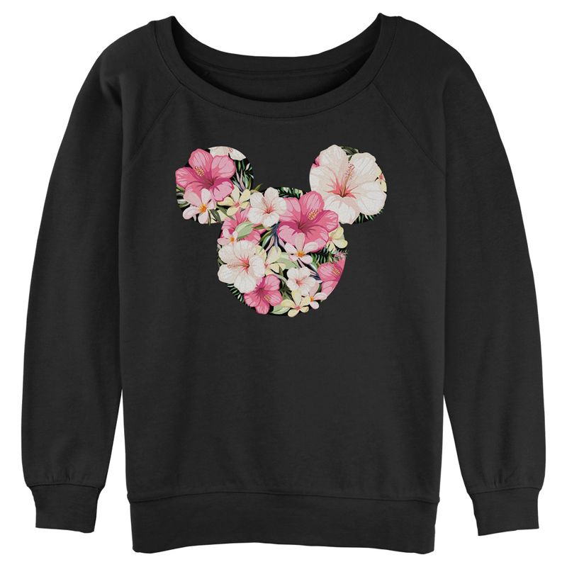 Juniors Womens Mickey & Friends Pink Floral Logo Sweatshirt, 1 of 5