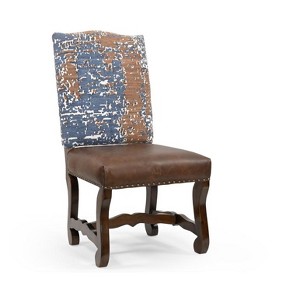 HomeRoots Set of Two Blue And Brown Solid Wood Upholstered Chenille And Leather Dining Side Chairs - 1 of 4