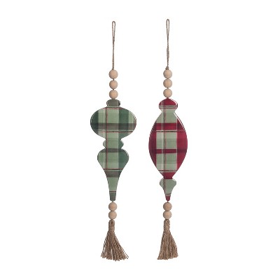 Transpac Holiday Plaid Ornament Set of 2 Red Wood MDF Epoxy Christmas Tree Decorations for Indoor Use and Gift Giving