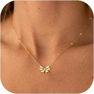 Dainty Bow Necklace for Women, 14K Gold Plated Choker Christmas Stocking Stuffer Gift - 1 of 4