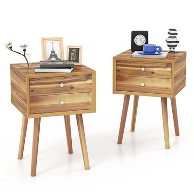 Tangkula 2PCS Wooden Nightstand Mid-Century End Side Table W/2 Storage Drawers Natural