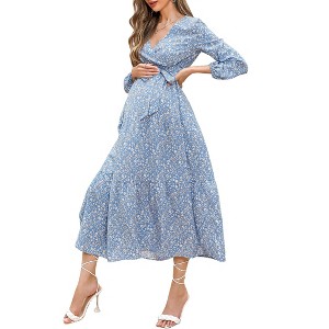 V-neck flared sleeve short sleeved long maternity dress - 1 of 1