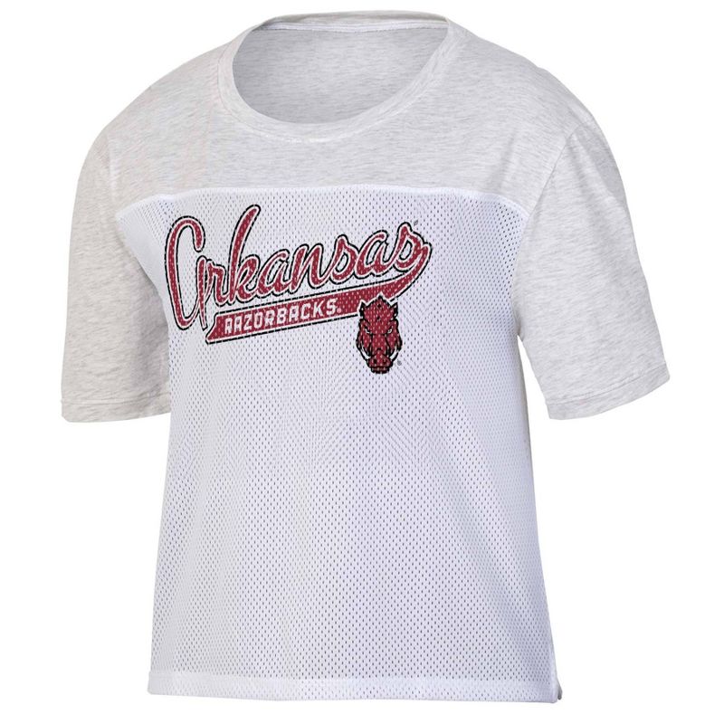 NCAA Arkansas Razorbacks Women&#39;s White Mesh Yoke T-Shirt, 1 of 4