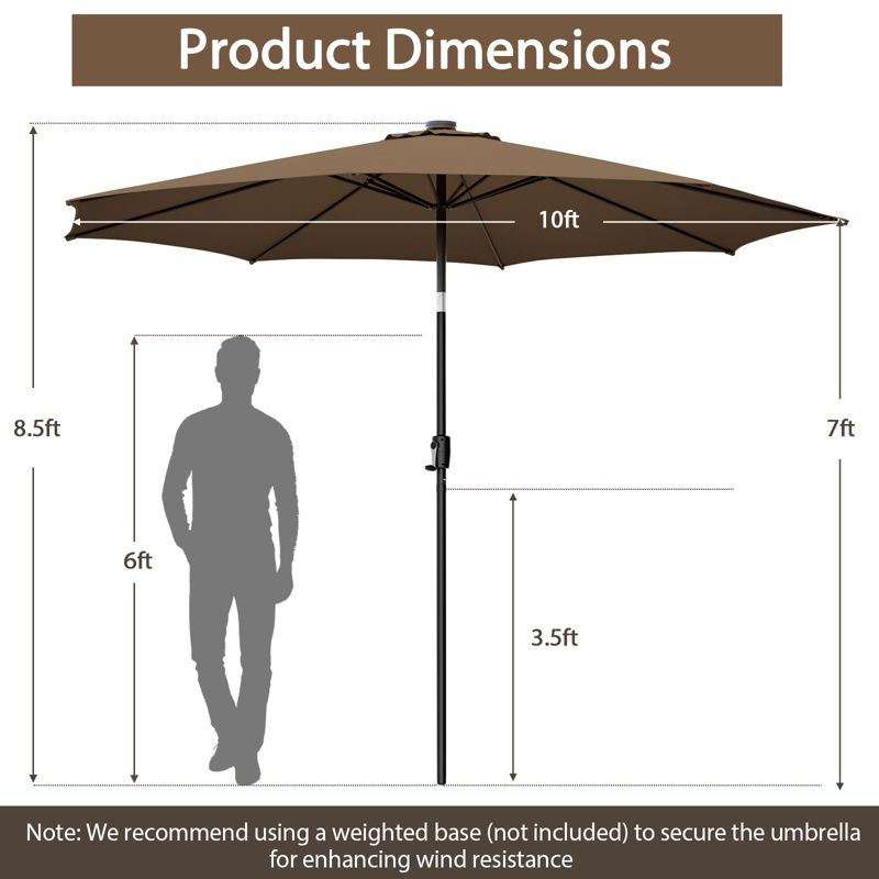 Costway 10 FT 112 LED Solar-Lighted Patio Table Market Umbrella Crank Tilt Outdoor Beige/Coffee/Navy/Wine, 2 of 11