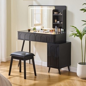 Gulches Modern Makeup Vanity Desk with LED Light & Mirror, Drawer Dressing Table Set with Stool, 3 Colors Brightness, Space-Saving for Bedroom, Black - 1 of 4