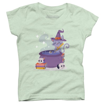 Girl's Design By Humans Halloween Kitty Cauldron By machmigo T-Shirt
