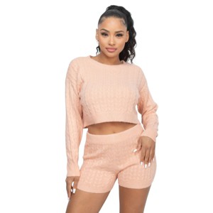 Slickblue Women’s Ribbed Knit Matching Set, Crop Top with Shorts, Casual Chic Loungewear, Peach, Size S–L - 1 of 4