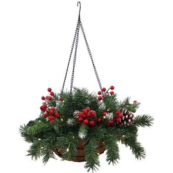 Sunnydaze Indoor Pre-Lit Artificial Christmas Hanging Basket with Holly Berries and Frosted Pinecones - 20"